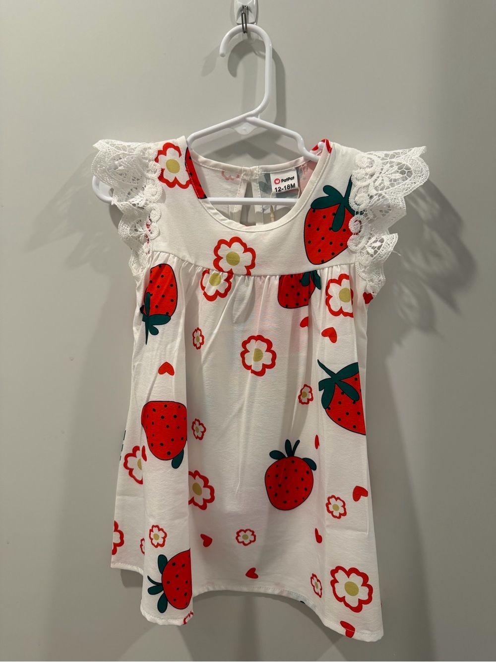NWT 12-18 Months Girl White & Red Strawberry Lace-Sleeve Dress